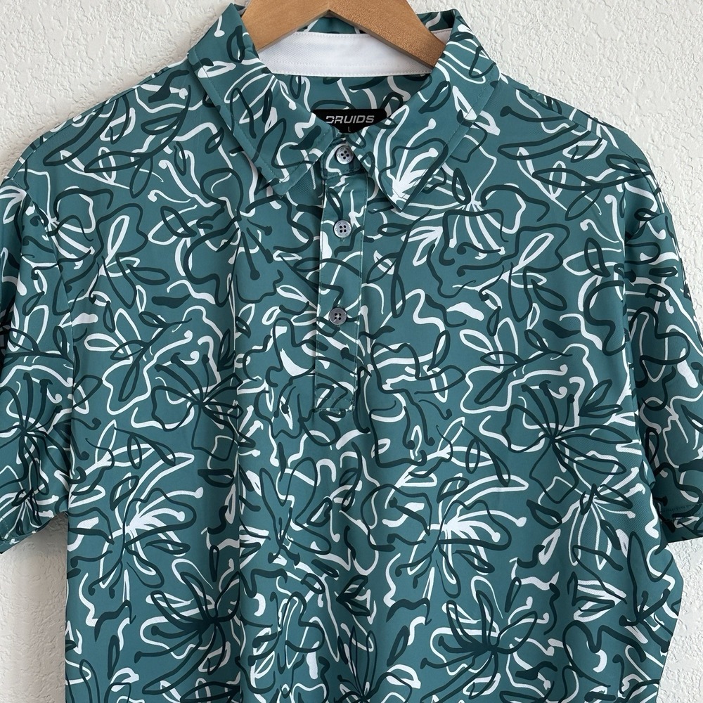 Druids Golf Polo Green Black White Floral AOP Performance‎ Large